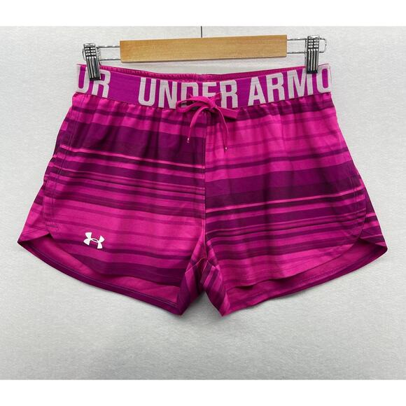 Under Armour Shorts Womens XS HeatGear Loose Fit Fuchsia Stripe Athletic 3" - Picture 1 of 7